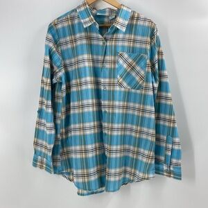 Collections etc cotton blend button down turquoise tan plaid shirt